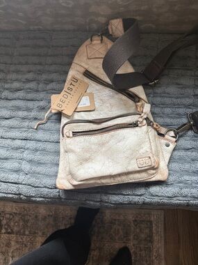 BED|STU Beige Leather Crossbody Sling Bag with Dark Strap
